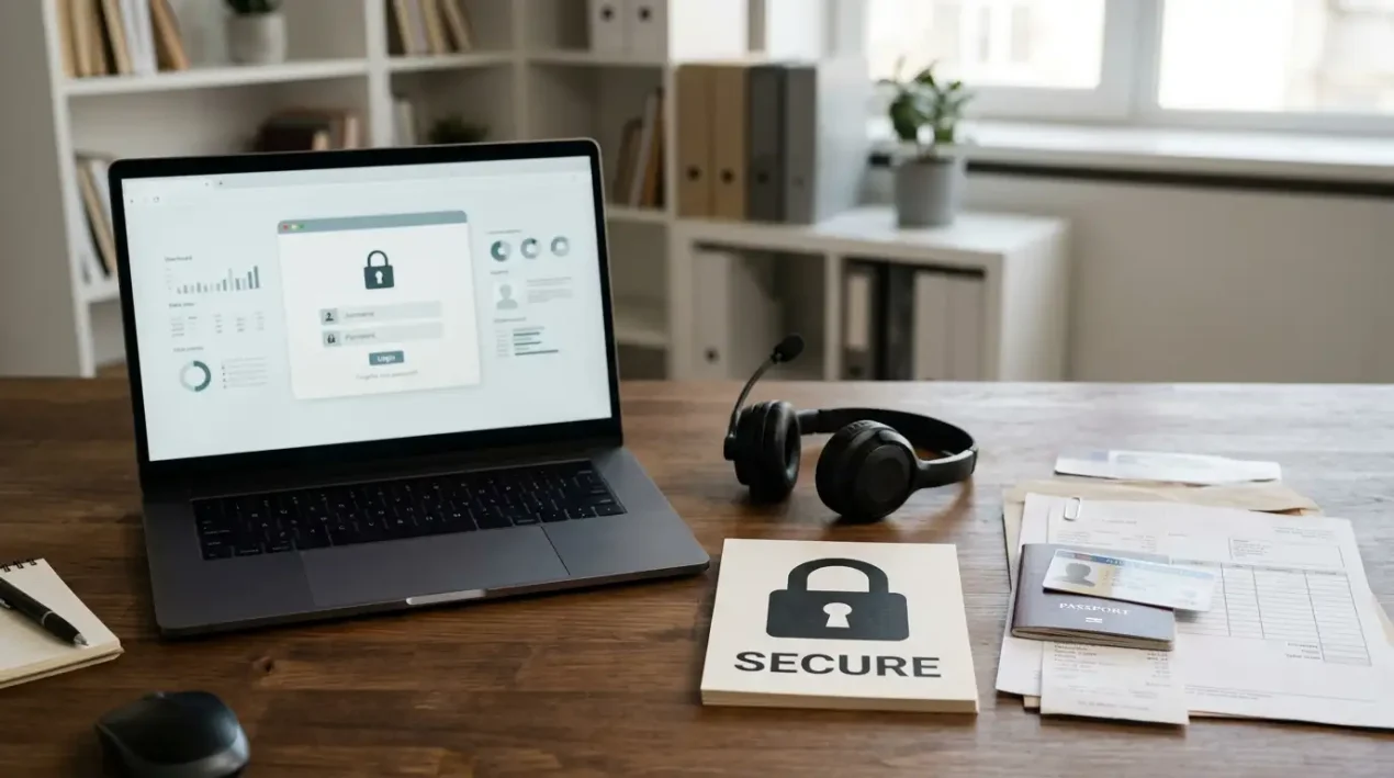 Laptop, identity documents and support headset arranged on a desk