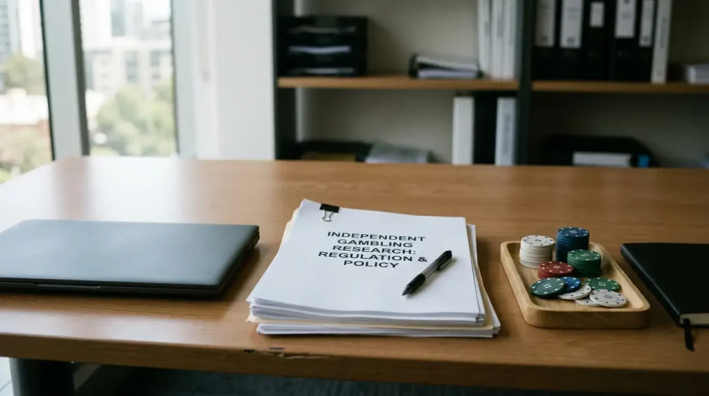 Regulatory documents beside a laptop and a neutral casino-chip tray