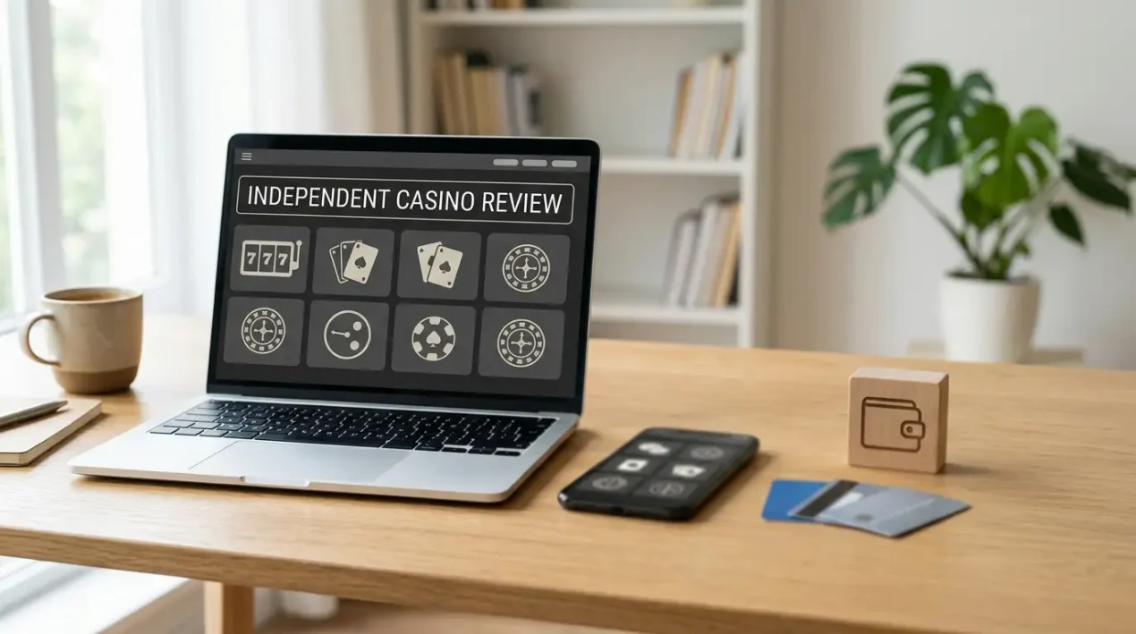 Laptop and smartphone beside payment cards and abstract casino game tiles
