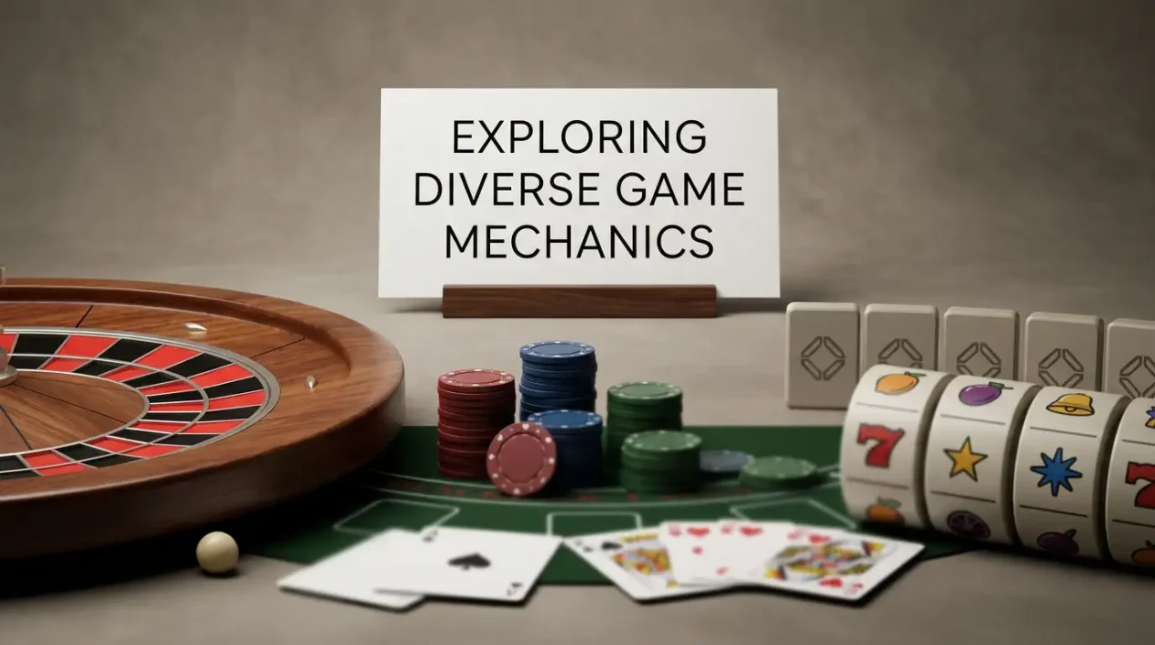Casino table layouts, slot-style reels and neutral game tiles arranged in a studio display