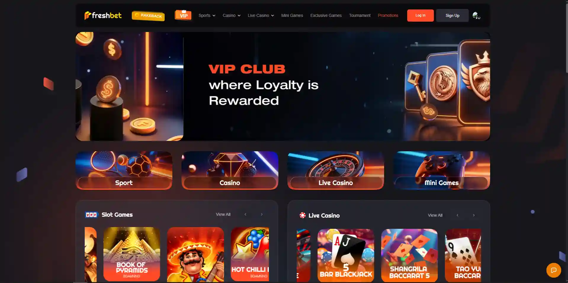 FreshBet casino lobby showing game categories and provider tiles