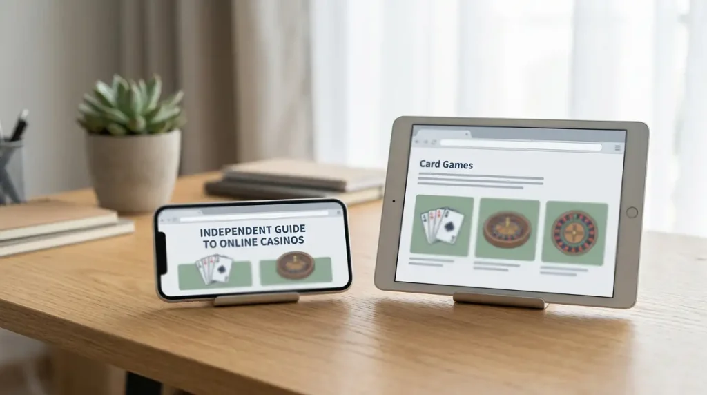 Smartphone displaying generic casino cards in a web browser beside a tablet