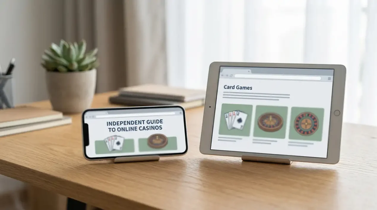 Smartphone displaying generic casino cards in a web browser beside a tablet