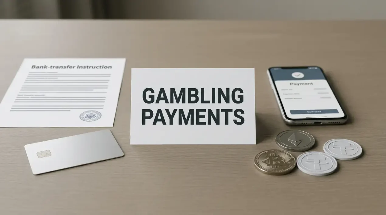 Payment cards, a bank-transfer document and neutral cryptocurrency tokens on a desk