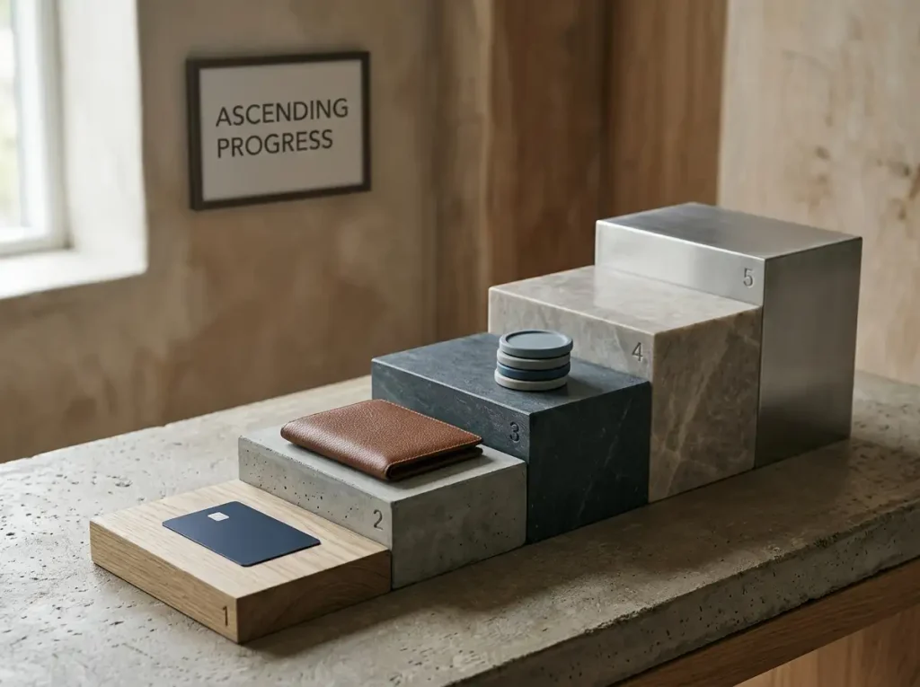 Five ascending geometric platforms with a wallet, card and neutral account symbols