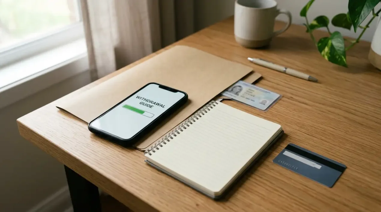 Phone, identity document and payment ledger arranged beside a neutral cashout checklist